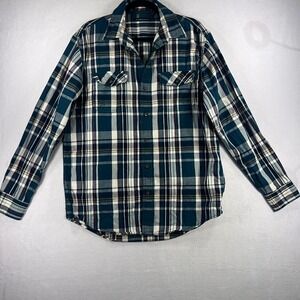 GH Bass Mens Medium Teal Plaid Flannel Button Down Shirt Long Sleeve Cotton
